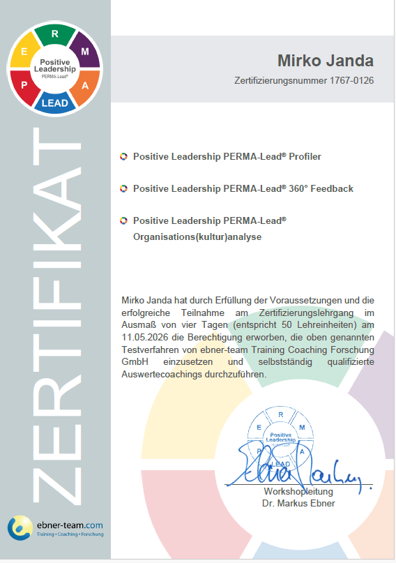 PERMA-Lead® Zertifikat Mirko Janda zertifizierter Positive Leadership Trainer